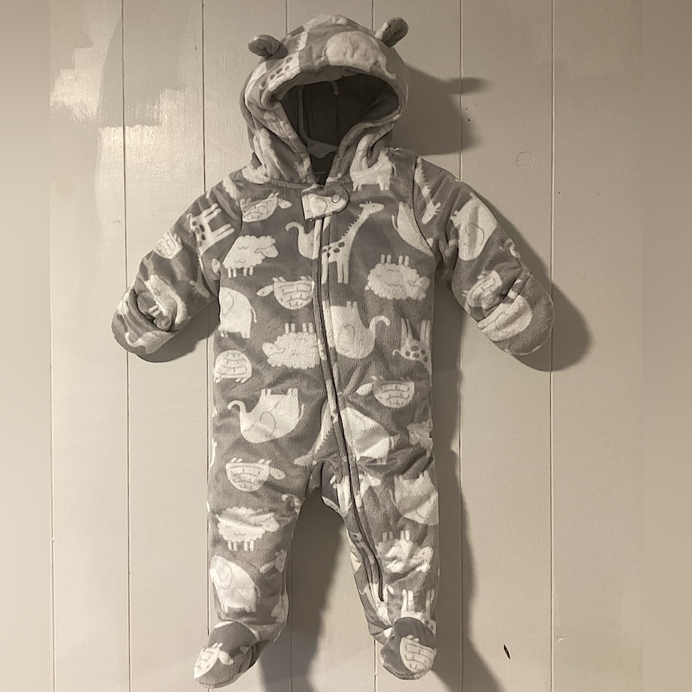 Snow Suit 3-6 months Grey with Animals Footies and Hand Covers, Hood with ears